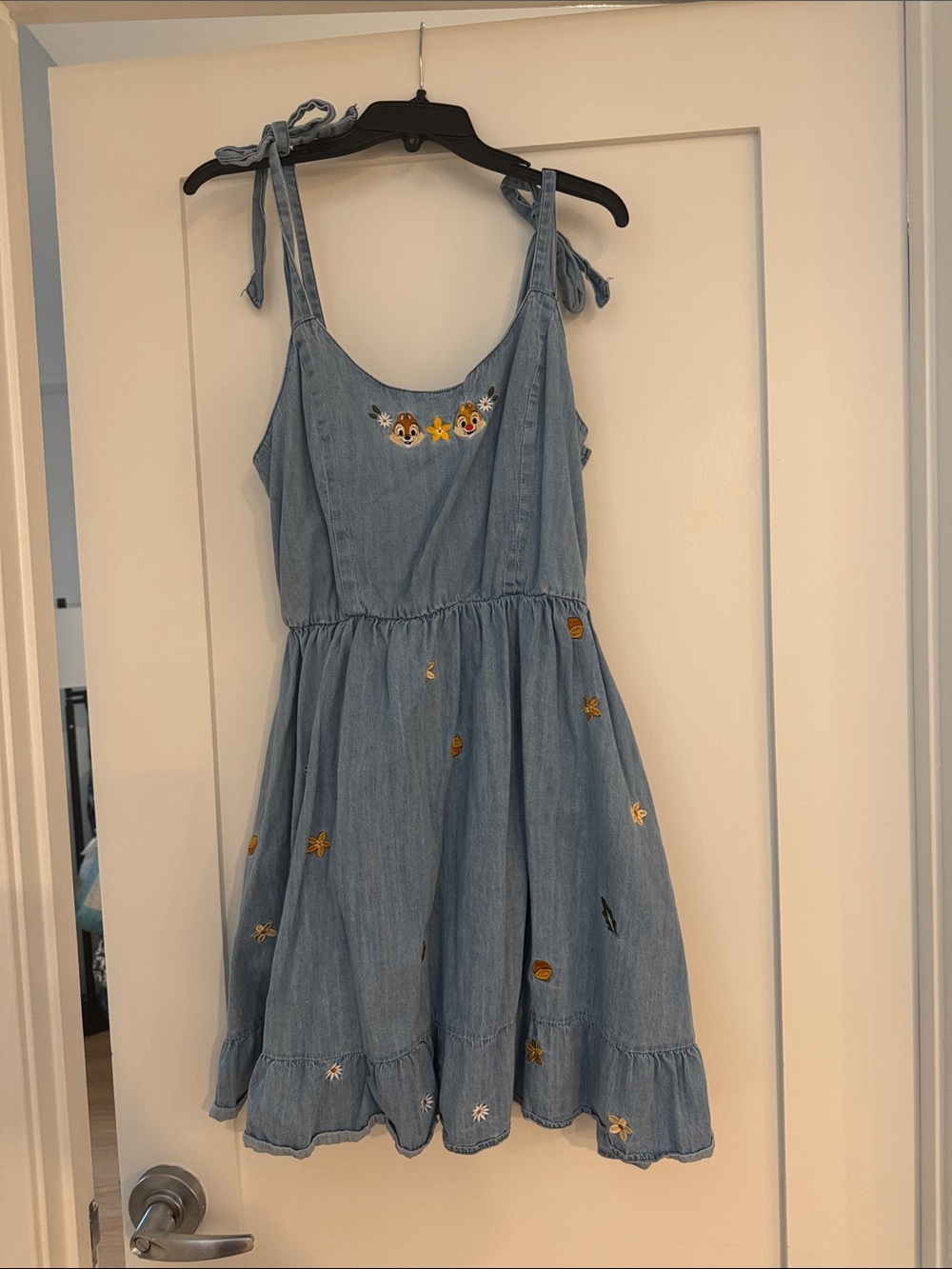 Her Universe Light Blue Denim Tie-Shoulder Dress with Embroidered Characters